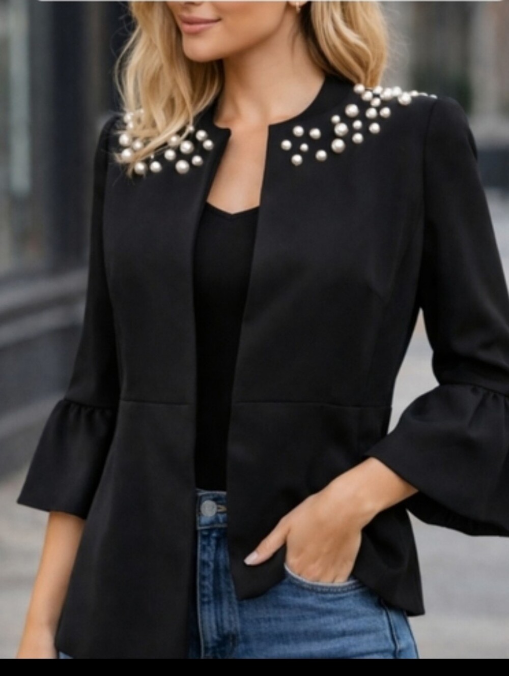 NWT Black Jacket Pearl Neckline Detail With 3/4 Sleeves Ruffle Cuff